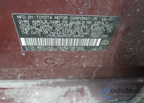 2007 Lexus Es 350 from USA, damaged, VIN JTHBJ46GX72146906